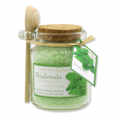 Bath salt 300g in a glass jar with a wooden spoon, lemon balm 