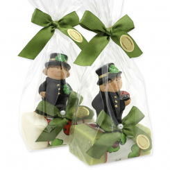 Schafmilchseife eckig 100g dekoriert mit Rauchfangkehrer in Cello, Classic/Eisenkraut 