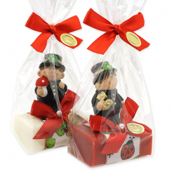 Schafmilchseife eckig 100g dekoriert mit Rauchfangkehrer in Cello, Classic/Granatapfel 