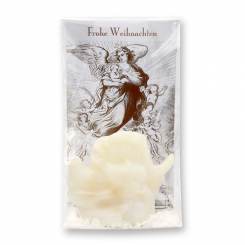 Sheepmilk soap angel 50g with labeling "Frohe Weihnachten" packed in a cellophane bag, christmas rose white 