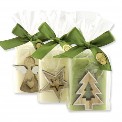 Schafmilchseife eckig 100g dekoriert mit Weihnachtsmotiven in Cello, Classic/Eisenkraut 