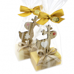 Sheep milk soap 100g deocrated with a deer in a cellophane, Classic/swiss pine 