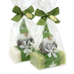 Schafmilchseife eckig 100g dekoriert mit Wichtel in Cello, Classic/Eisenkraut 