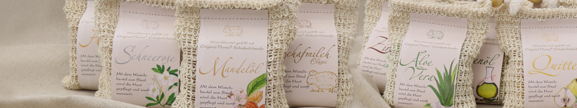 150g Kaltgerührte Schafmilchseife klassisch verpackt im Waschbeutel aus Sisal
